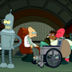 Bender stands smugly while the battered Planet Express crew sit at their conference table.